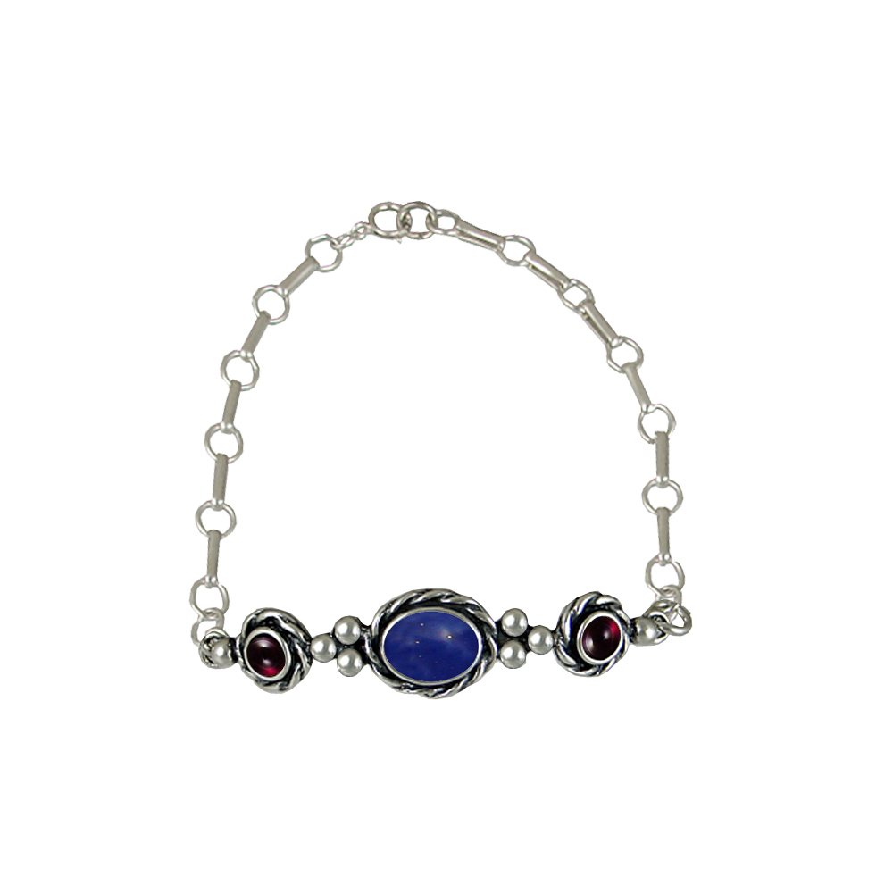 Sterling Silver Gemstone Adjustable Chain Bracelet With Lapis Lazuli And Garnet